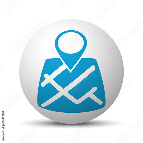 Blue Map Pointer icon on sphere on white background