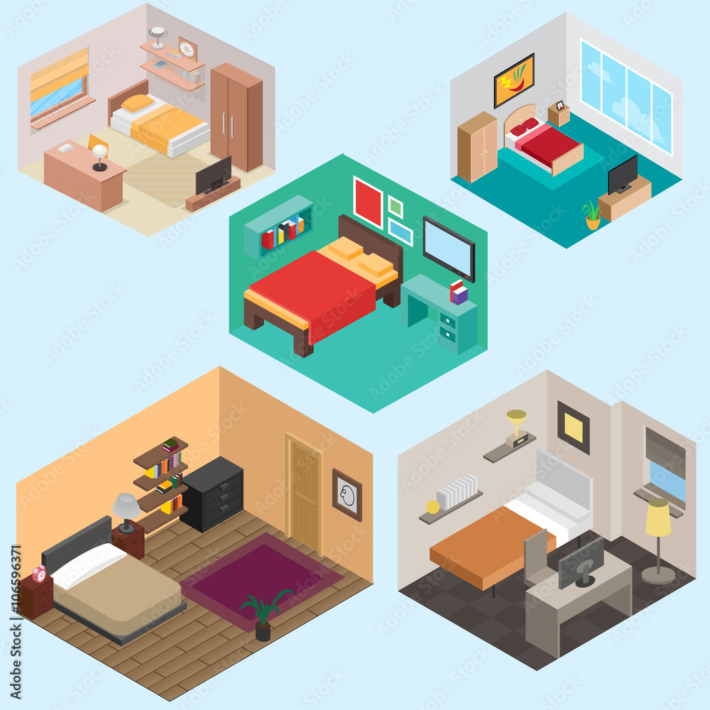 3d Isometric bedroom vector set for your ideas