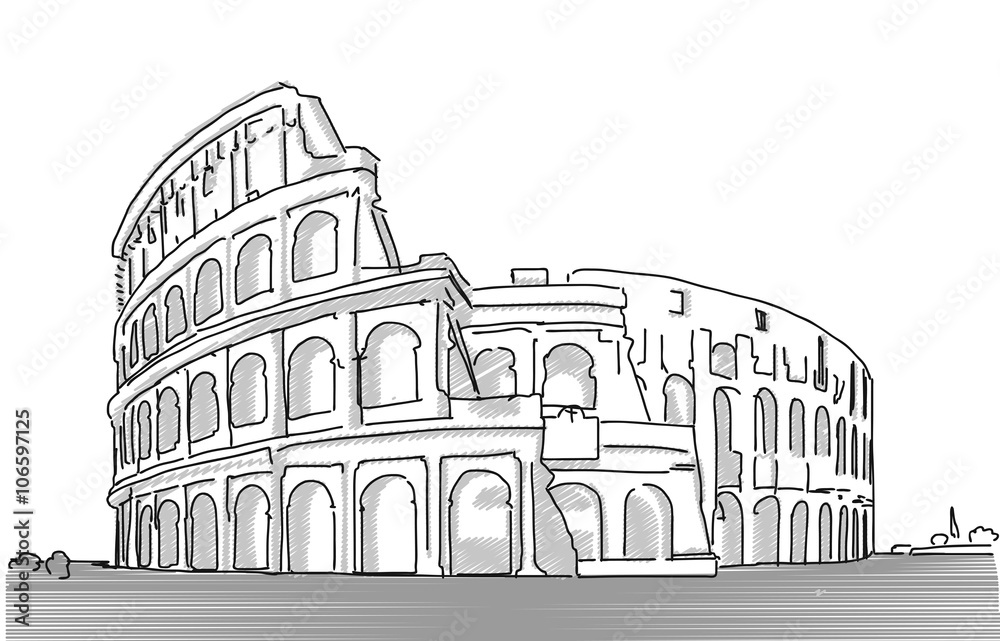 Rome Colosseum Clean Hand Dranw Sketch, Grey Tone Version