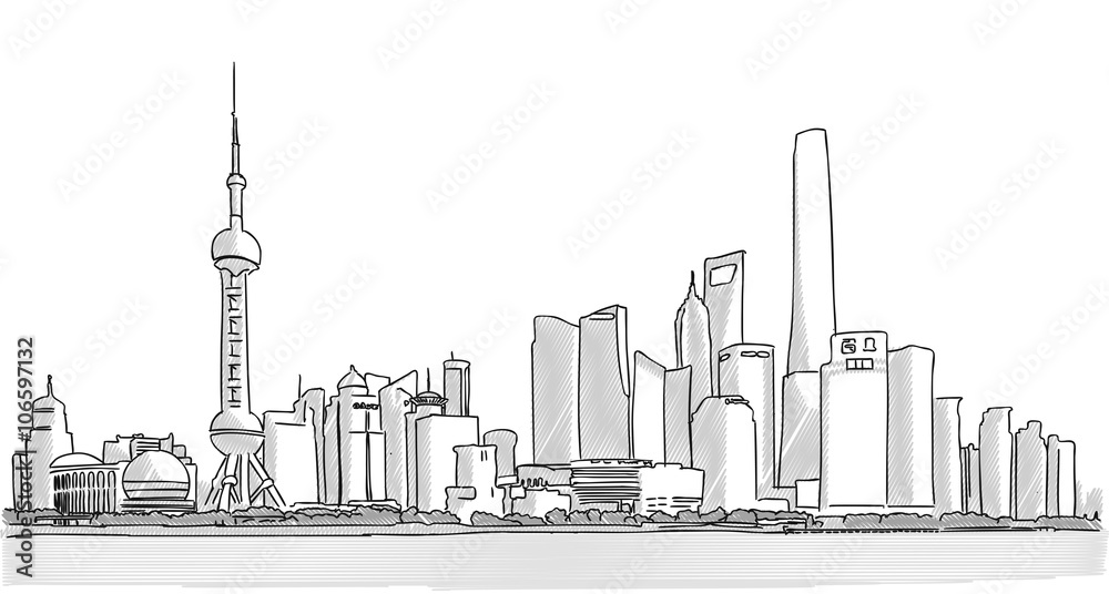Obraz premium Shanghai Downtown Panorama Freehand Drawing with Skyscrapers and River Yangtze in Foreground