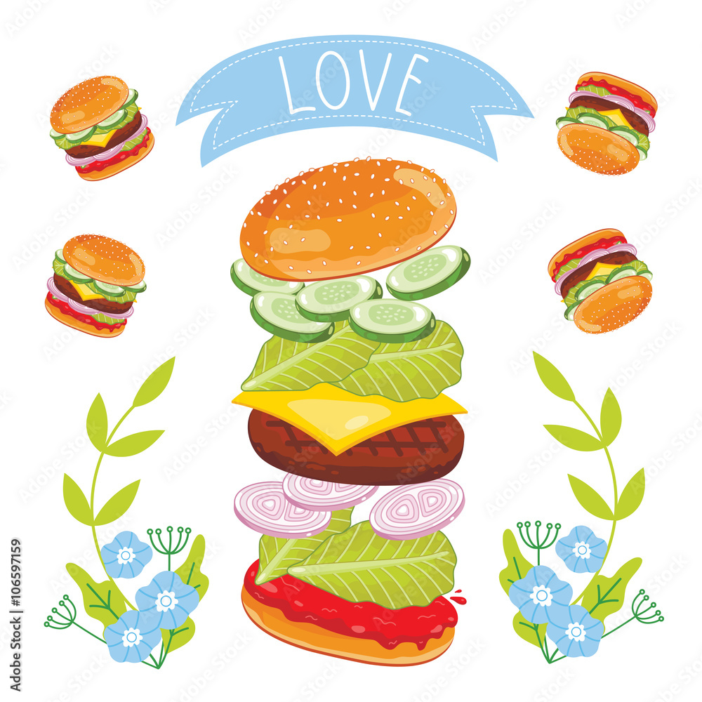 Hamburger ingredients isolated on white background, cartoon style. Hamburger ingredients isolated on white background, cartoon style.