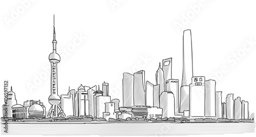 Shanghai Downtown Panorama Freehand Drawing with Skyscrapers and River Yangtze in Foreground