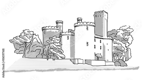 Historic english castle hand drawn sketch. Vector illustration