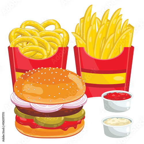 Fast food menu set. Hamburger, onion rings, french fries abd ketchup. Vector illustration. 