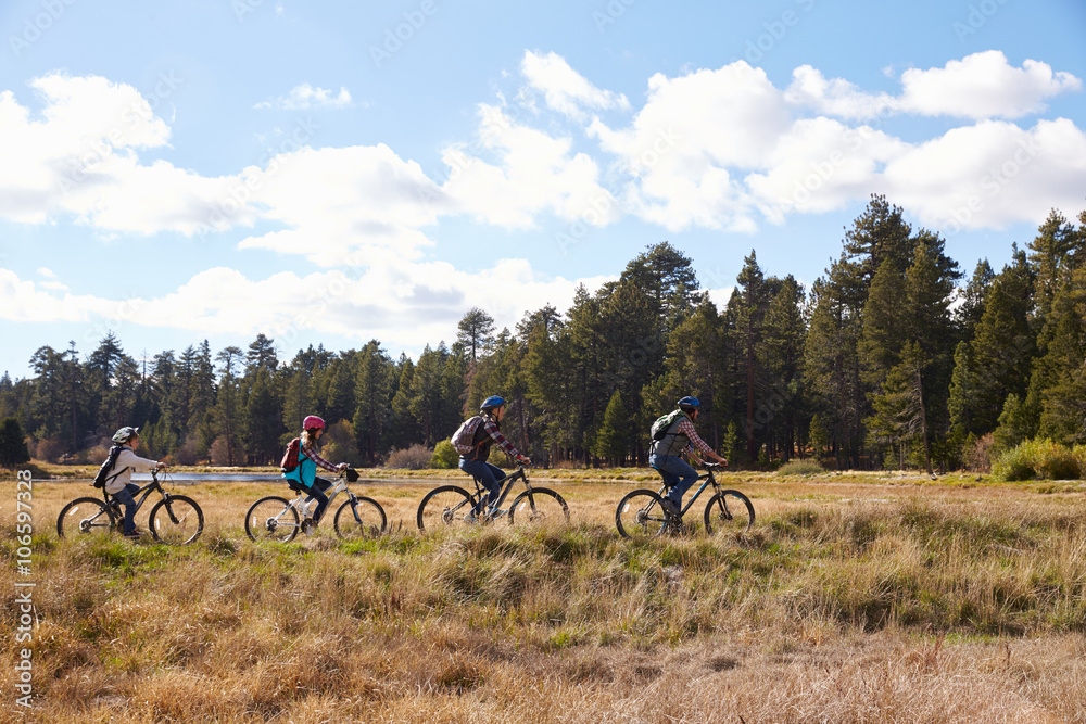 Naklejka premium Family mountain biking in countryside, California