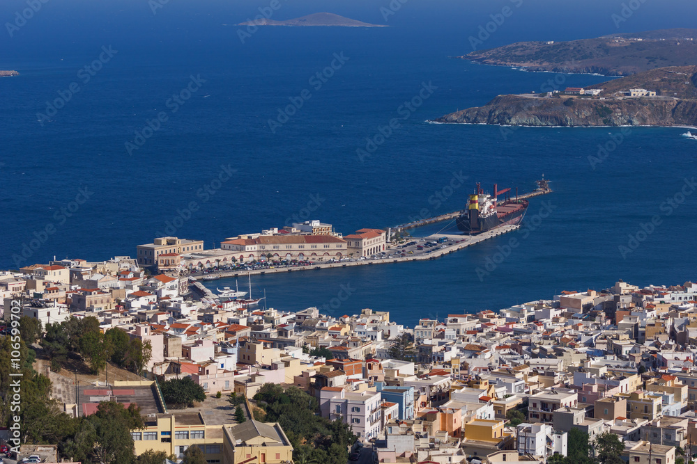 Pamoramic view to port of town of Ermopoli, Syros, Cyclades Islands, Greece