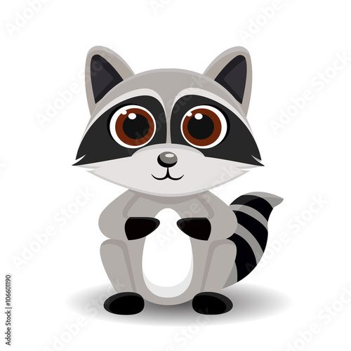 Sitting cute little raccoon isolated on white background. Vector illustration.
