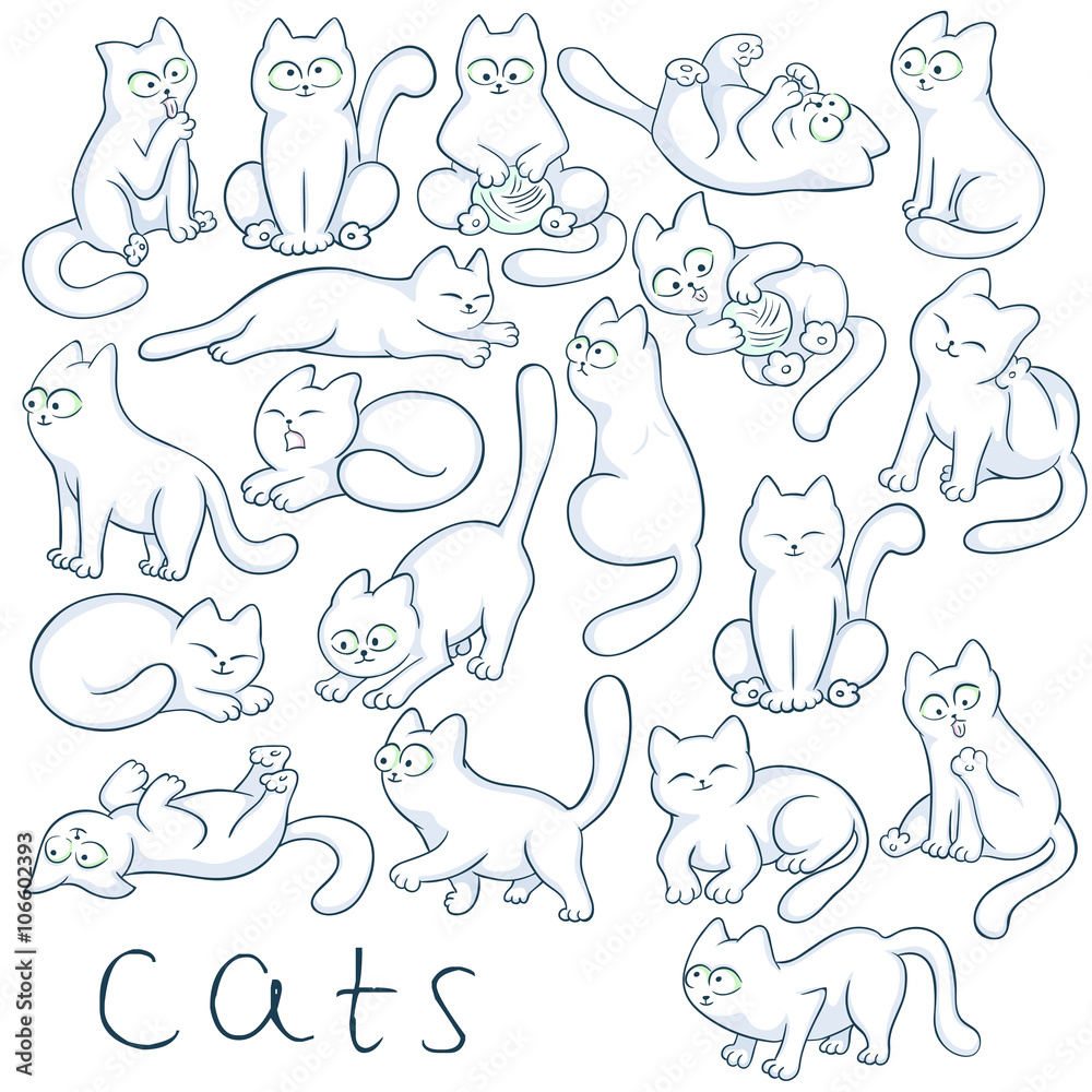 vector hand drawn set of cats in different poses. These fluffy, cute kitties are jumping, sitting, climbing, sleeping, playing, hunting and waiting for you vector hand drawn set of cats in different poses. These fluffy, cute kitties are jumping, sitting, climbing, sleeping, playing, hunting and waiting for you