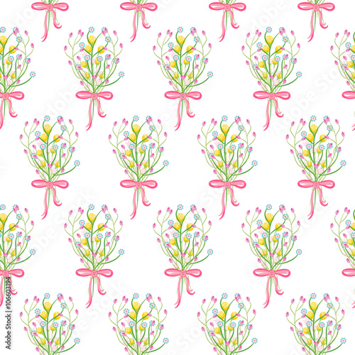 Spring wild flower bouquet with bow seamless pattern. Floral tender fine summer vector pattern on white background. For fabric textile prints and apparel.