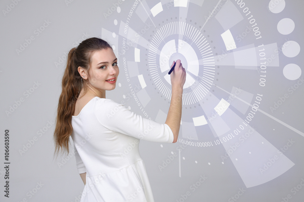 Future technology. Woman working with futuristic interface Future technology. Woman working with futuristic interface