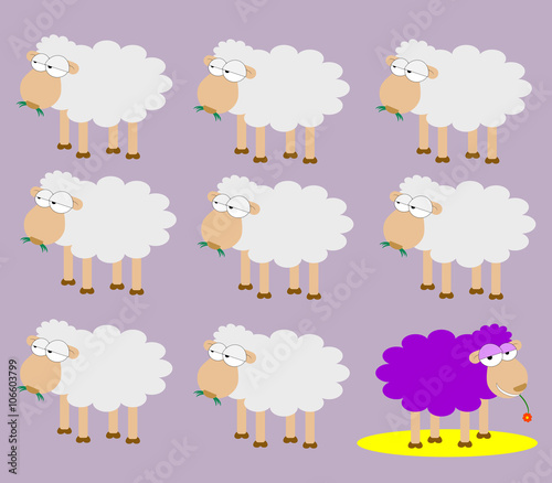 A violet sheep smile among many grey sheep: be different!