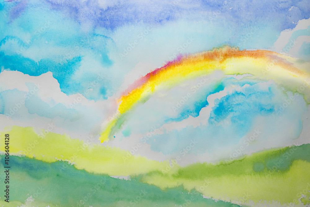 abstract watercolor hand painted landscape background textured paper rainbow in the sky