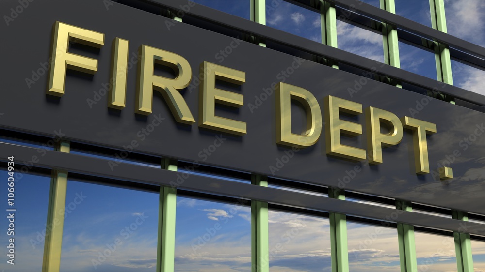 Obraz premium Fire Department building sign closeup, with sky reflecting in the glass.