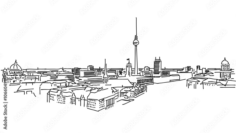 Über den Dächern von Berlin, schwarz-weiß Skizze, Umrisszeichnung