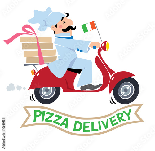 Funny pizza chef on scooter. Pizza delivery logo