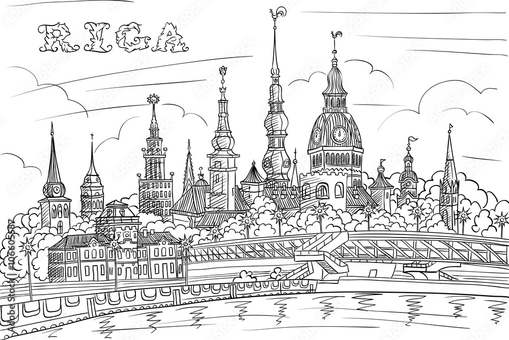 Vector Black and white hand drawing, sketch of Old Town and River Daugava, Riga, Latvia