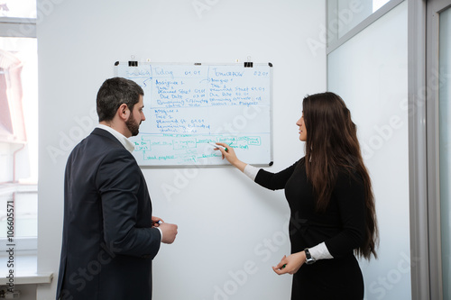 Image of confident woman making presentation and interacting wit