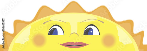 Peeking cartoon sun, smiling sun. Vector illustration.