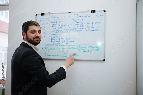 Smart and confident boss pointing at whiteboard and looking at m © ostap_davydiak