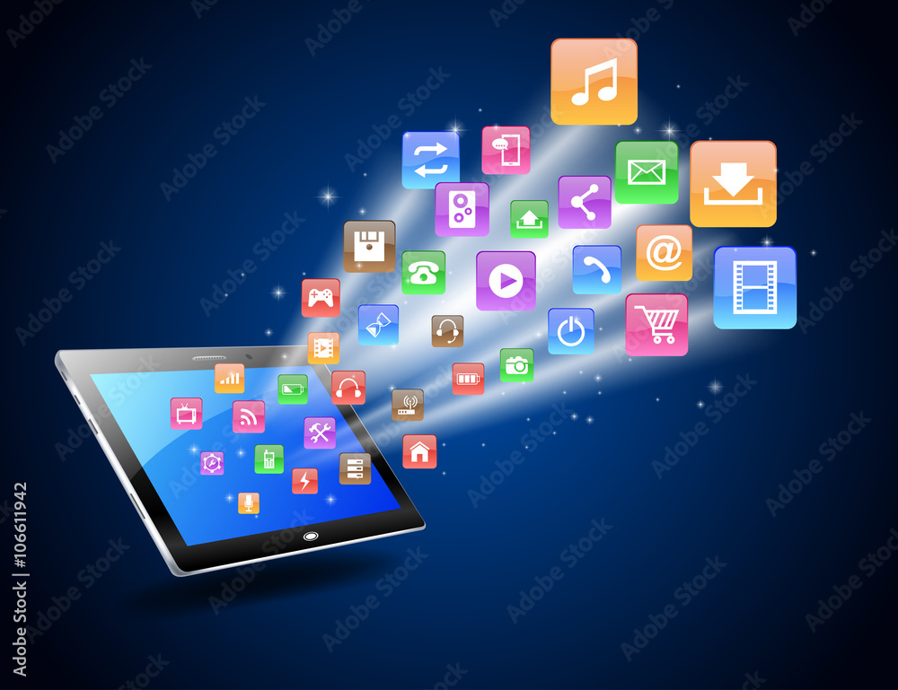 Futuristic Mobile Phone Vector Illustration with Holographic World Map and Social Media Icons Futuristic Mobile Phone Vector Illustration with Holographic World Map and Social Media Icons