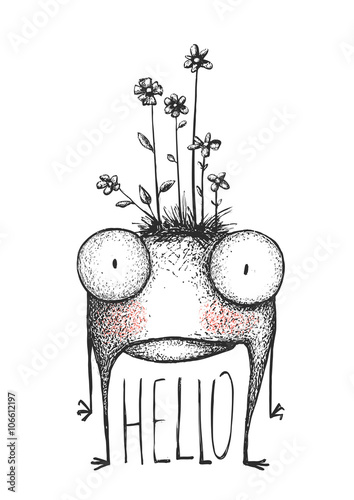 Strange hand drawn monster with flowers greeting card
