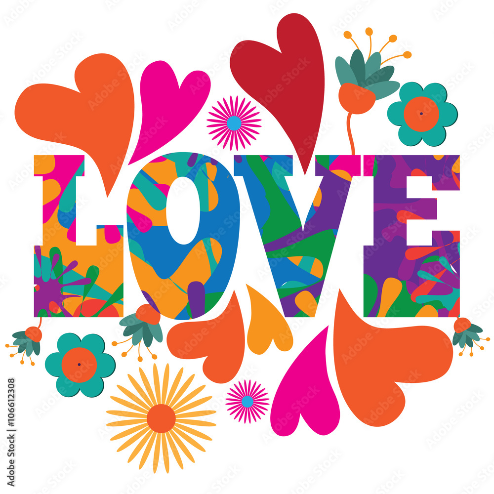 Sixties style mod pop art psychedelic colorful Love text design. Sixties style mod pop art psychedelic colorful Love text design.
