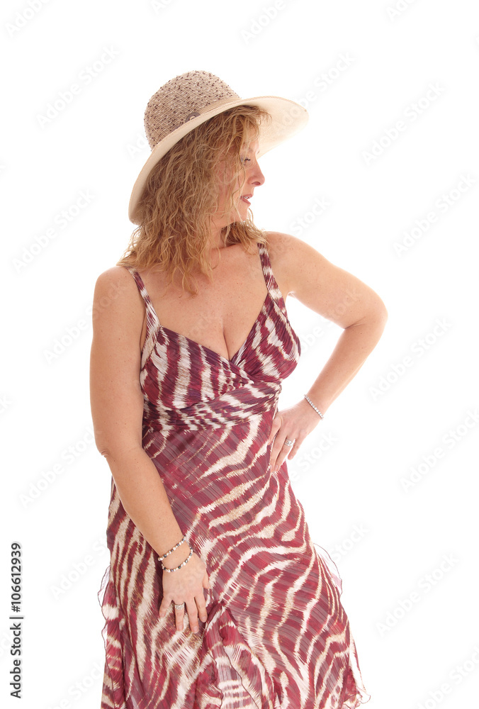 Happy blond woman with straw hat. Happy blond woman with straw hat.