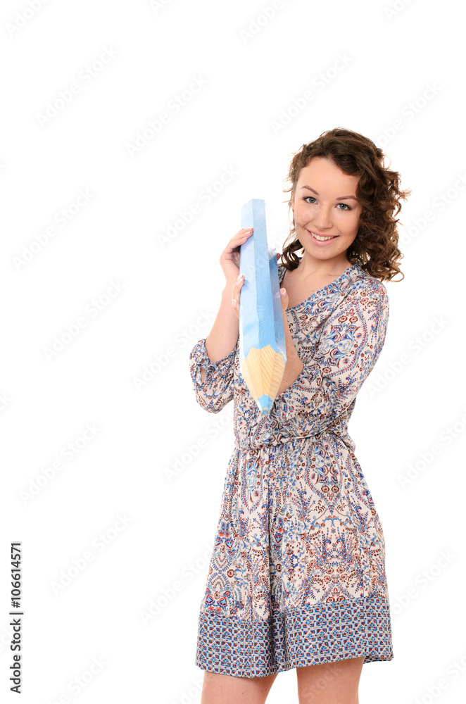 young attractive woman with huge blue pencil young attractive woman with huge blue pencil