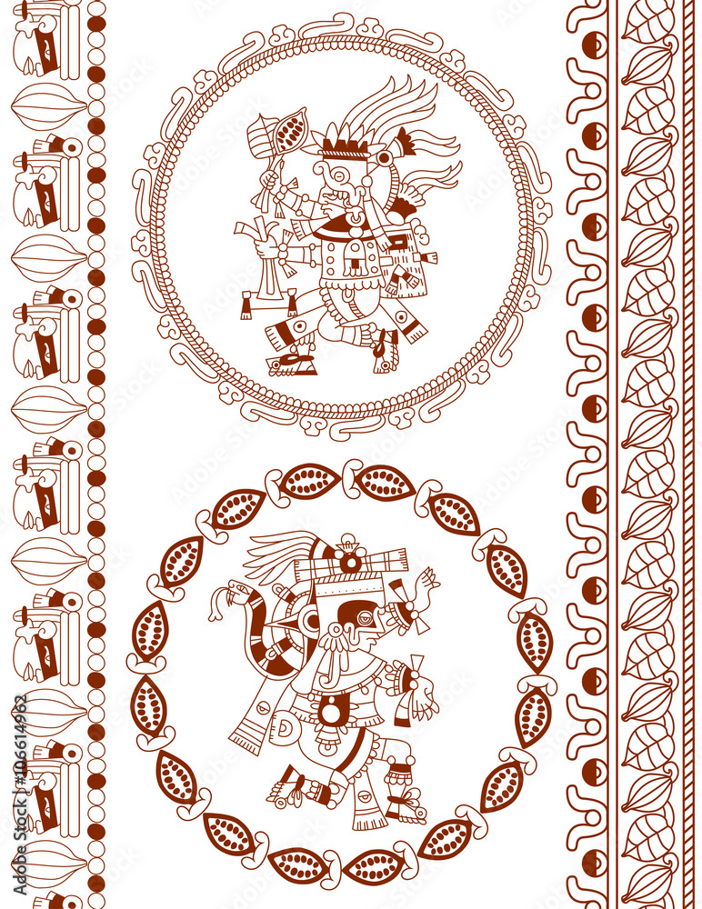 Naklejka premium sketch drawing silhouette aztec cacao bean, leaves, nibs pattern