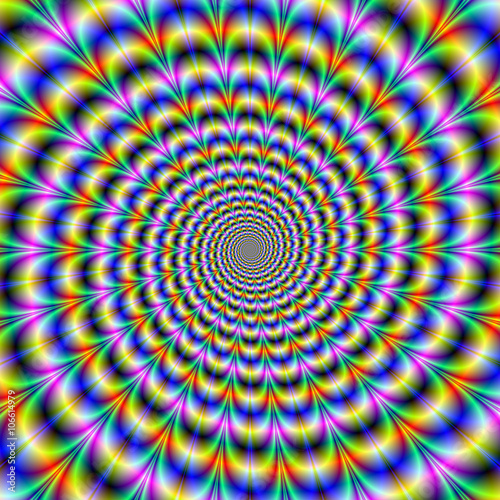 Psychedelic Swirl / An abstract fractal image with a psychedelic spiral design in blue, yellow, violet and green. photo