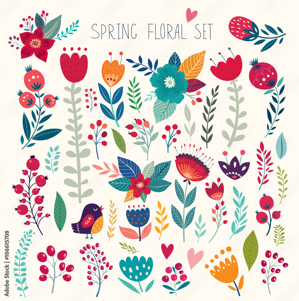 Beautiful vector collection with flowers and leaves. Spring art print with botanical elements  - obrazy, fototapety, plakaty 