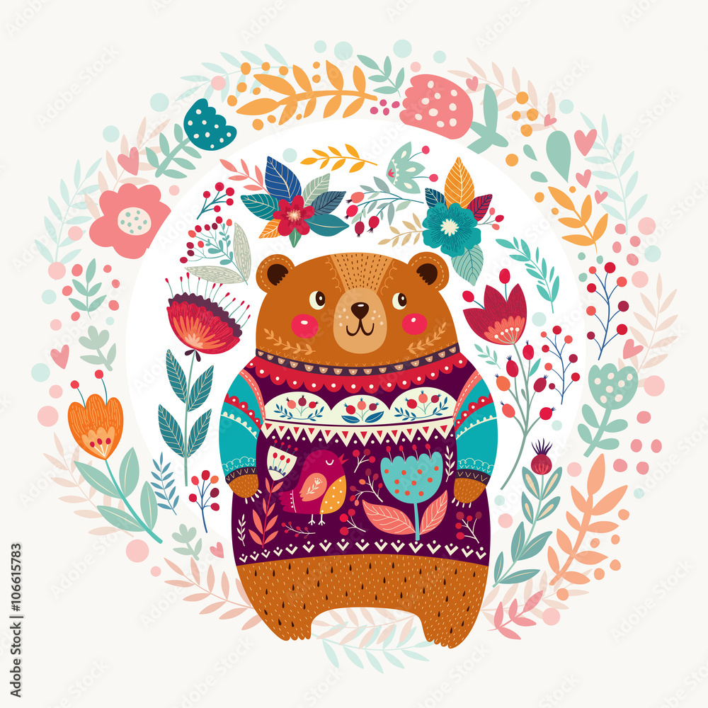 Obraz premium Vector illustration with adorable bear, flowers and leaves