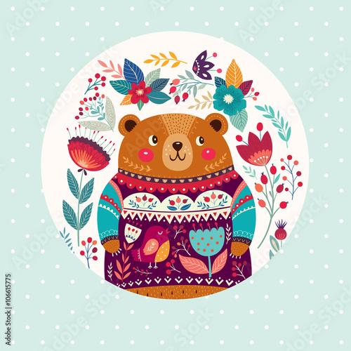 Vector illustration with adorable bear  flowers and leaves in a circle