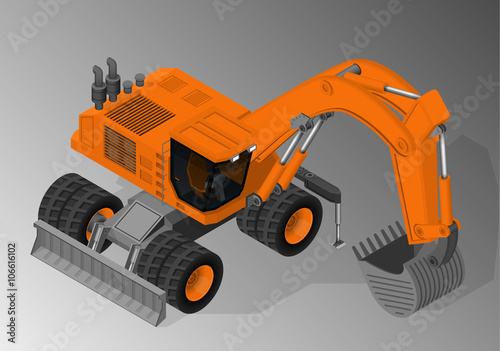 Vector isometric illustration of a wheel excavator. Equipment for the construction industry.
