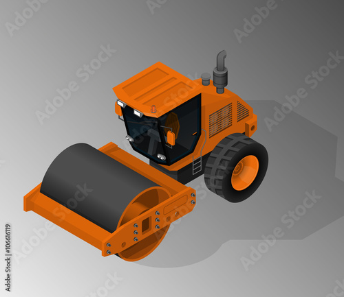 Vector isometric illustration of a road roller. Equipment for the construction industry.