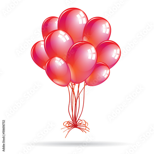Set of shiny red balloons, joined together, with bow. Vector illustration.