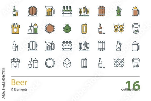 Set of vector outline Beer icons. Color and colorless.