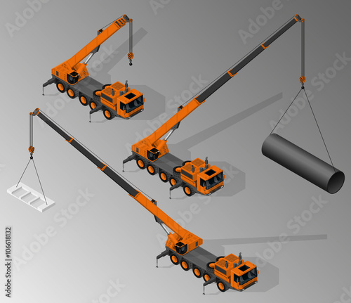 Vector isometric illustration of three views of mobile crane. Equipment for the construction industry.