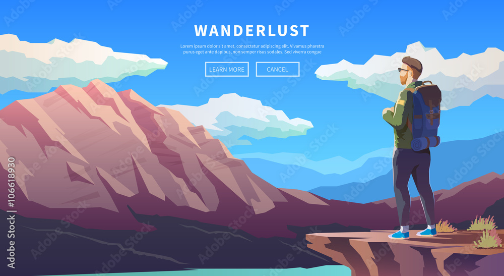 Flat vector travel web banner. Wanderlust. - obrazy, fototapety, plakaty 