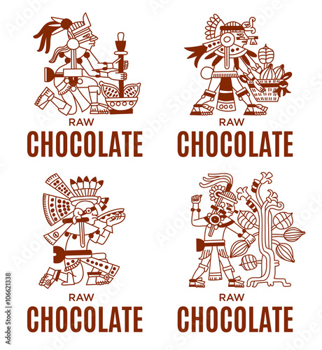 sketch drawing aztec cacao bean, leaves, nibs, pattern for choco