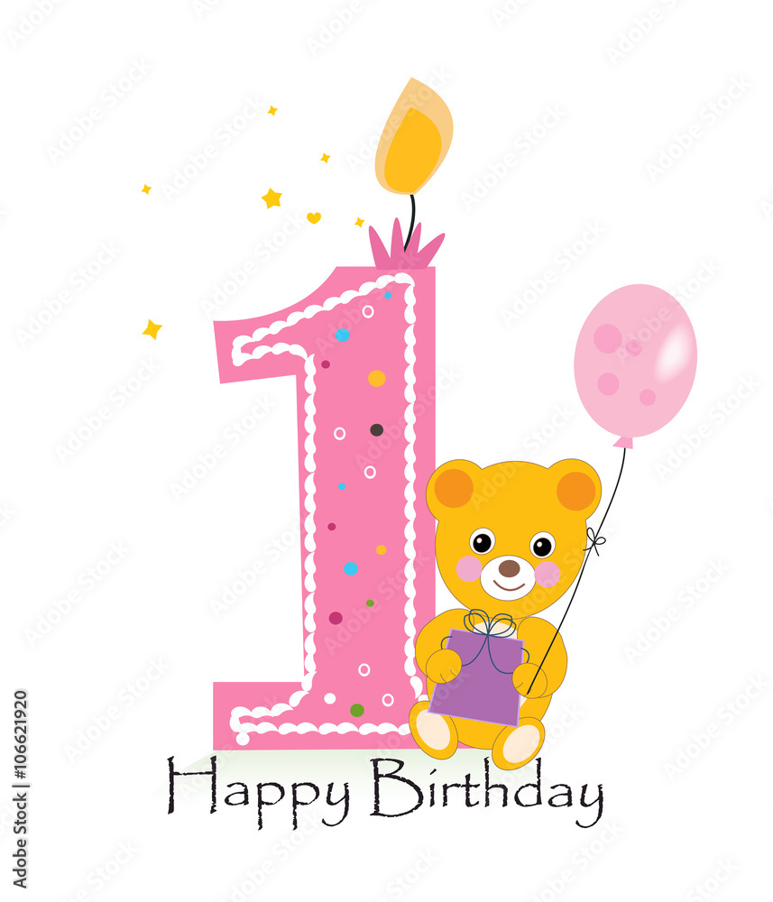 Happy first birthday candle. Baby birthday greeting card with teddy ...