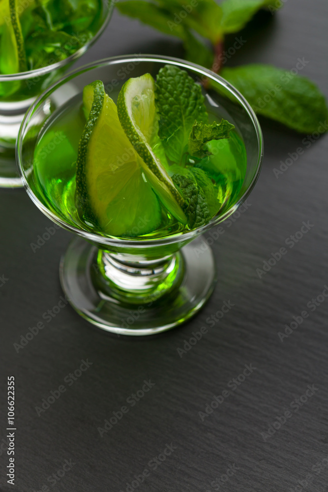 Lime and Mint, Green Vodka Drink. Selective focus.