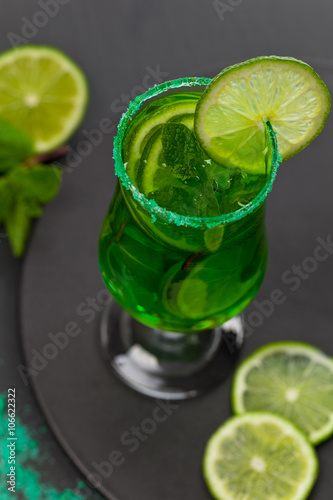 Summer Lime and Mint, Green Vodka Drink. Selective focus.