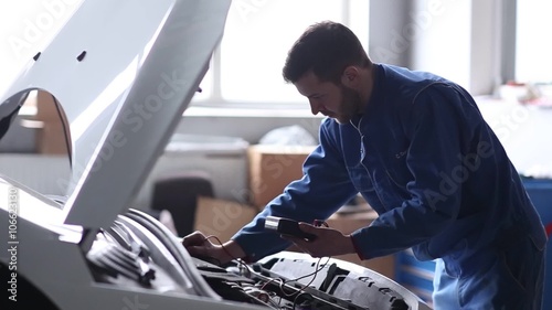 View of a Young attractive mechanic working at the garage. 