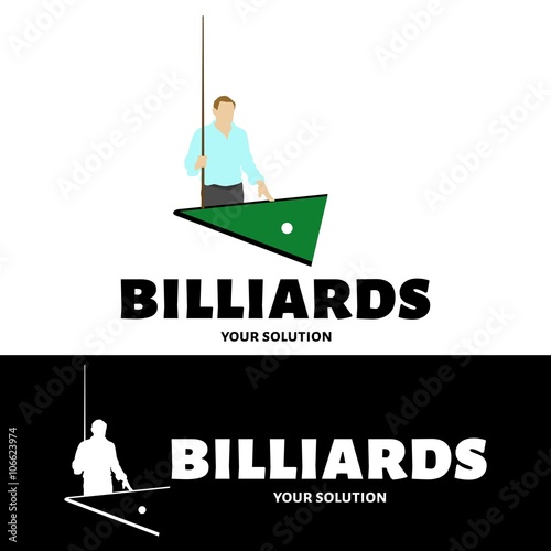 Vector logo billiard. The Billiards player stands at the table and holding the cue