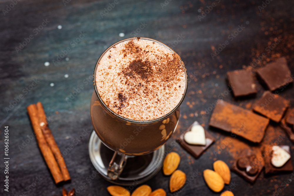 Wunschmotiv: coffee chocolate smoothie on a dark background with chocolate and nuts. Selective focus