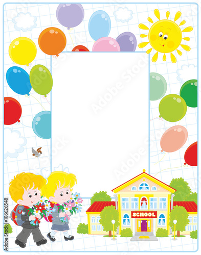 Vertical vector frame border with a little schoolgirl and a schoolboy going to school with their schoolbags and flowers on September 1st