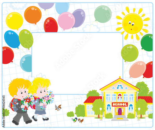 Horizontal vector frame border with a little schoolgirl and a schoolboy going to school with their schoolbags and flowers on September 1st
