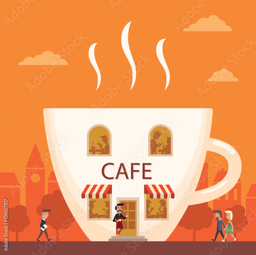 Cafe in the shape of a coffee cup. People are going to a cafe in the city. Creative illustration of a coffee house.