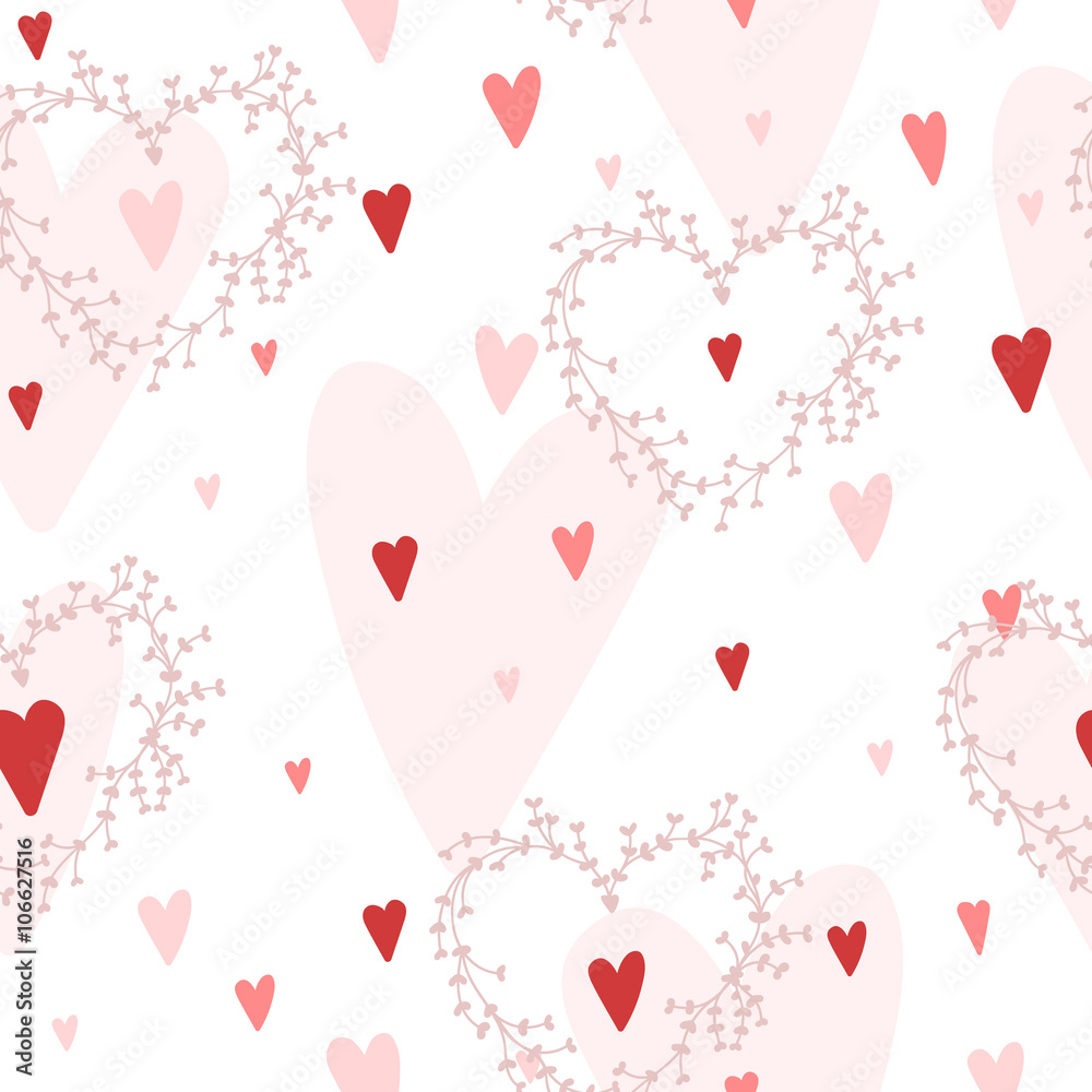Vector seamless pattern with hearts different shades of red and floral wreaths. Good for Valentine's Day cards, wedding invitations, etc.